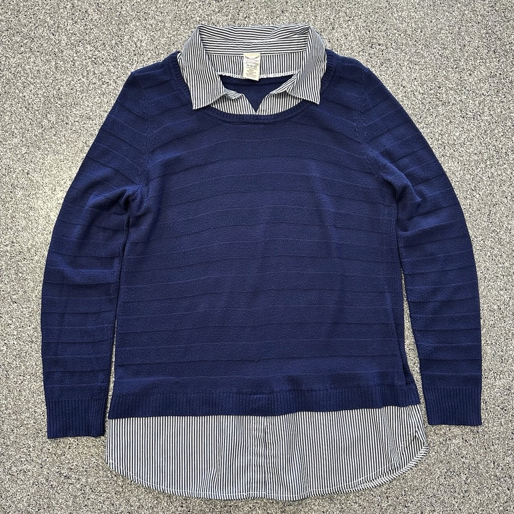 Faded Glory Sweater Collar Shirt Womens M Striped Navy Blue Long Sleeve 2 in 1